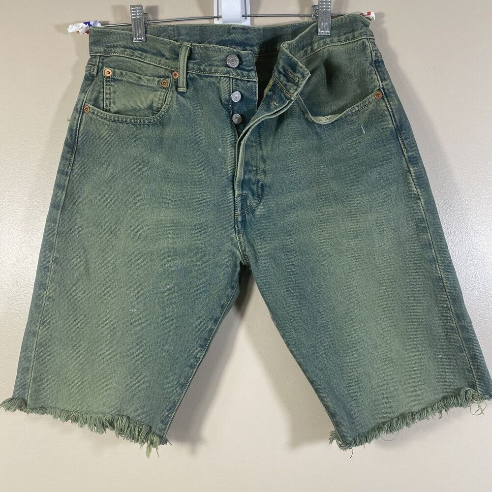 Levi's Jean Shorts Mens 33  501 Straight Green Cut Off Frayed Denim Jorts